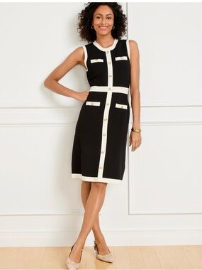Talbots Black and Cream Sleeveless Button-Front Midi Dress Sz M - NWT